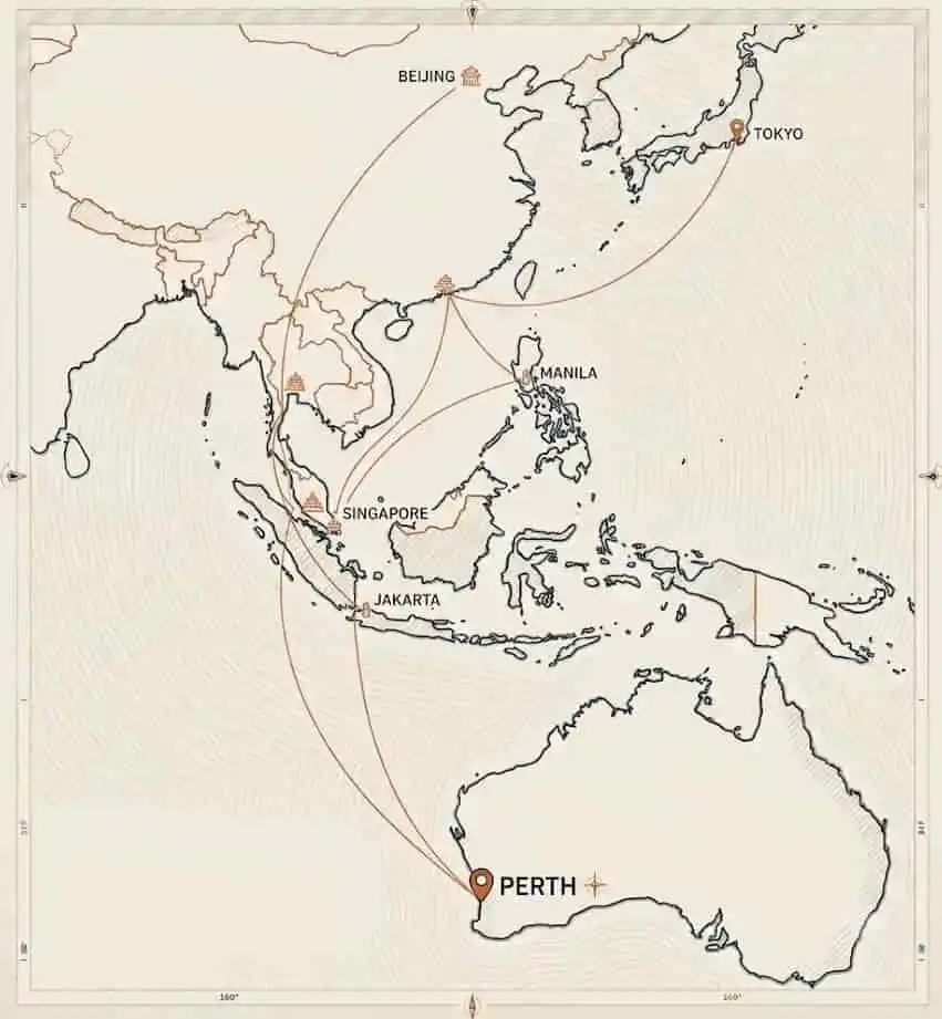 Map showing Perth, Western Australia and the Asia-Pacific region